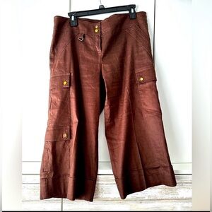 Vintage Cache Linen Blend Wide Leg Cargo Pants Size 10 Brown Cropped